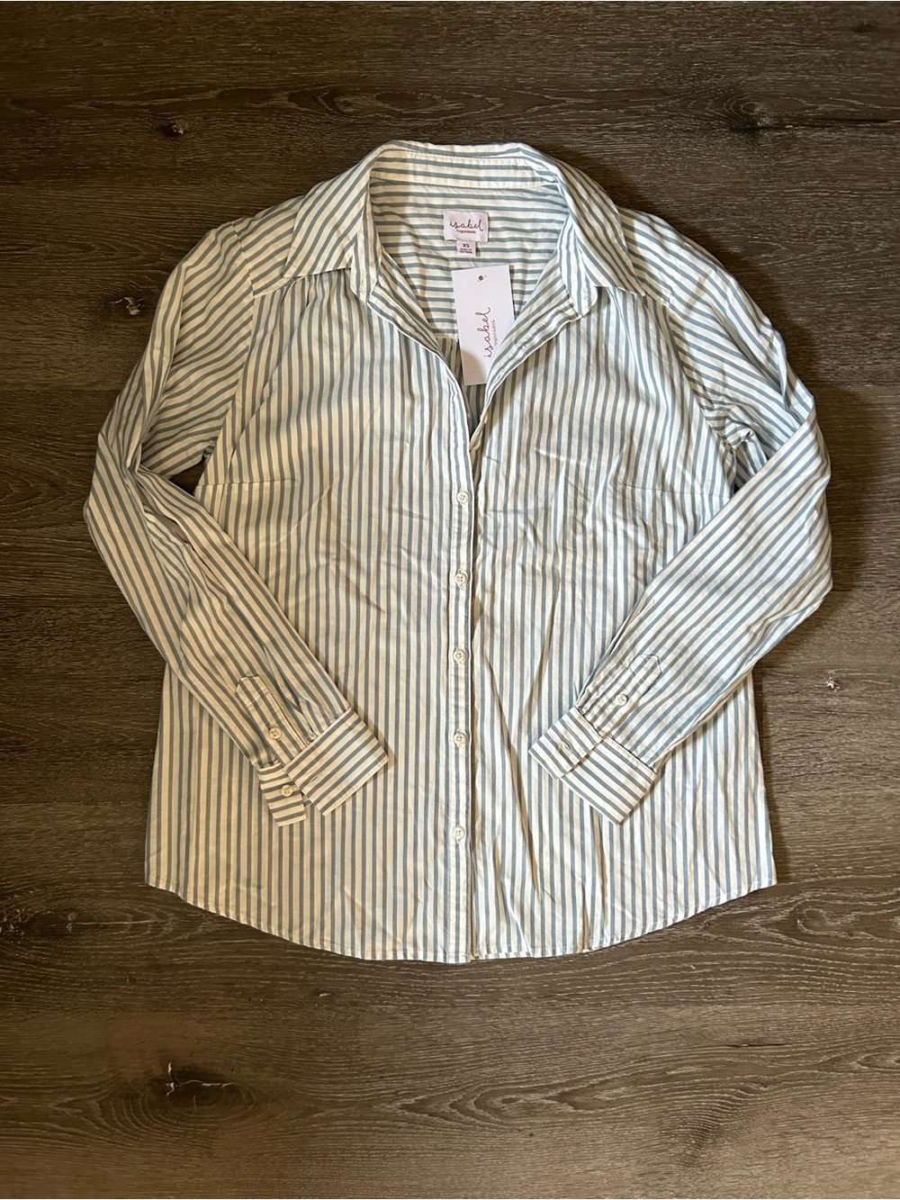 NWT XS Isabel Blue Off White Striped Collared Long Sleeve Button Down Blouse